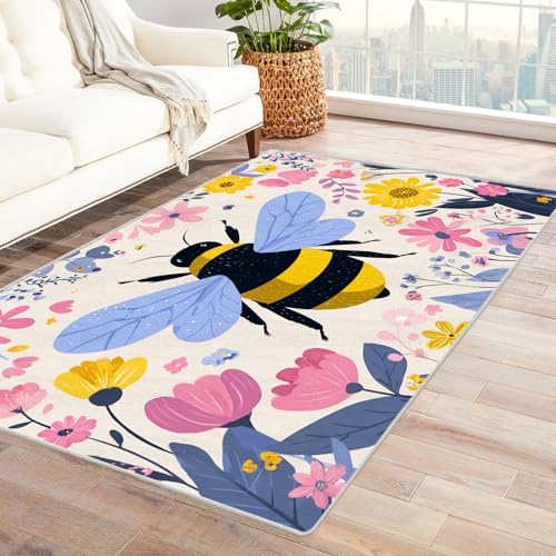 CUDAOO Bedruckter Innen-/Außenteppich Biene in Blüte Teppich Wohnzimmer Schlafzimmer(Gelb)-150x210cm von CUDAOO