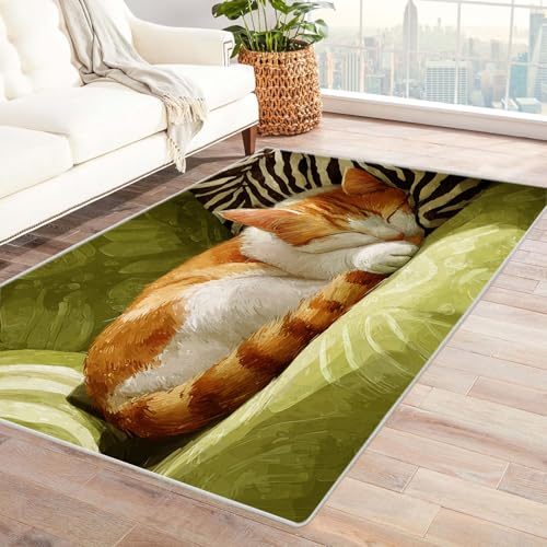 CUDAOO Bedruckter Innen-/Außenteppich Bild Einer schlafenden Katze Tepich Moderne Wohnzimmer Vintage Schlafzimmer(Grün)-240x300cm von CUDAOO