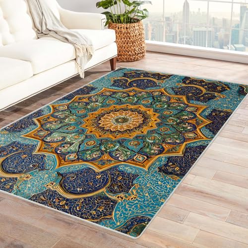 CUDAOO Bedruckter Innen-/Außenteppich Blau-goldenes Muster Teppich Wohnzimmer Schlafzimmer(Deine Farben)-90x120cm von CUDAOO