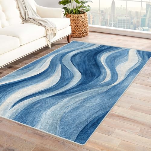 CUDAOO Bedruckter Innen-/Außenteppich Blau-weißes Muster Tepich Moderne Wohnzimmer Vintage Schlafzimmer(Blau)-90x150cm von CUDAOO