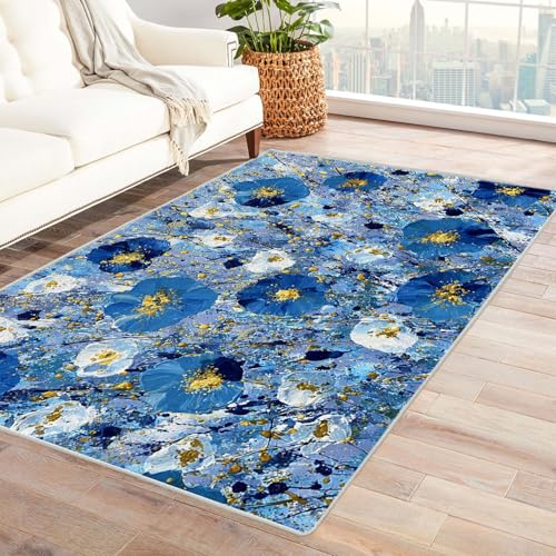 CUDAOO Bedruckter Innen-/Außenteppich Blaue Blumen Malerei Tepich Moderne Wohnzimmer Vintage Schlafzimmer(Blau)-90x120cm von CUDAOO