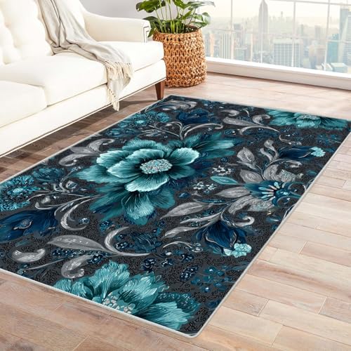 CUDAOO Bedruckter Innen-/Außenteppich Blaue Blumen Satin Tepich Moderne Wohnzimmer Vintage Schlafzimmer(Blau)-90x120cm von CUDAOO