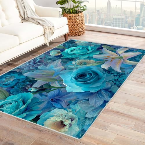 CUDAOO Bedruckter Innen-/Außenteppich Blaue Blumencluster Teppich Wohnzimmer Schlafzimmer(Blau)-60x90cm von CUDAOO