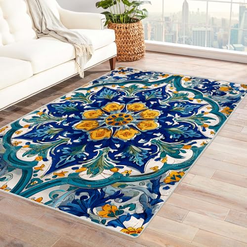 CUDAOO Bedruckter Innen-/Außenteppich Blaue Kachel Für Wohnzimmer, Sofa, Tisch, Flur, Fußmatte,Schlafzimmer(Deine Farben)-150x180cm von CUDAOO