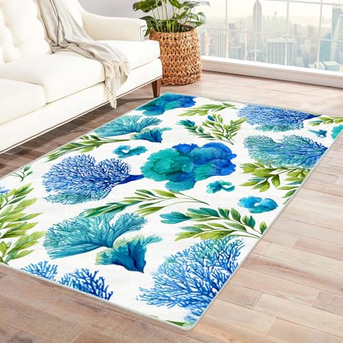 CUDAOO Bedruckter Innen-/Außenteppich Blaue Koralle Teppich Wohnzimmer Schlafzimmer(Blau.)-90x120cm von CUDAOO