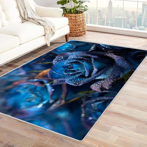 CUDAOO Bedruckter Innen-/Außenteppich Blaue Rose Teppich Wohnzimmer Schlafzimmer(Blau)-210x270cm von CUDAOO