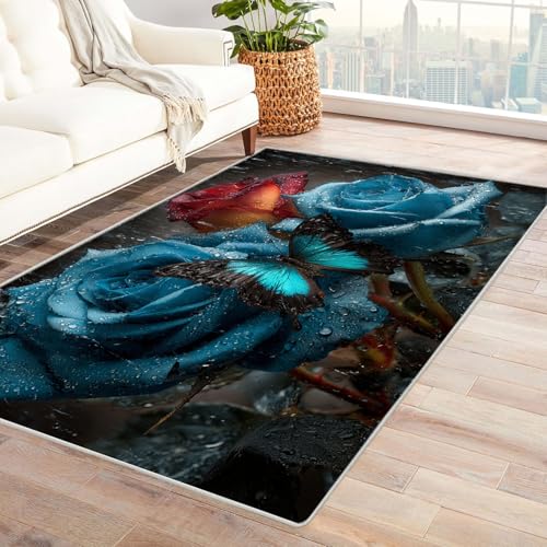 CUDAOO Bedruckter Innen-/Außenteppich Blaue Rose Teppich Wohnzimmer Schlafzimmer(Gelb)-150x210cm von CUDAOO