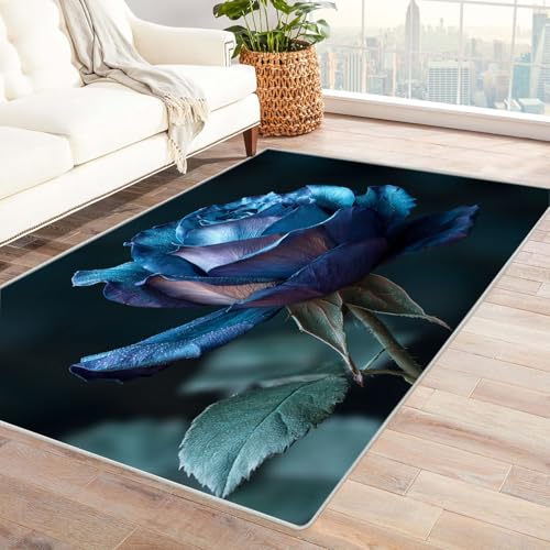 CUDAOO Bedruckter Innen-/Außenteppich Blaue Violette Rose Teppich Wohnzimmer Schlafzimmer(Blau)-60x90cm von CUDAOO