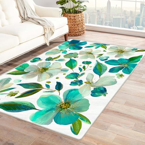 CUDAOO Bedruckter Innen-/Außenteppich Blaue Wasserfarbe Für Wohnzimmer, Sofa, Tisch, Flur, Fußmatte,Schlafzimmer(Weiß)-90x150cm von CUDAOO