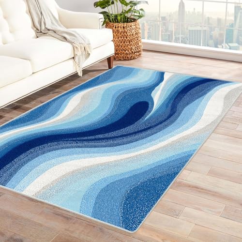 CUDAOO Bedruckter Innen-/Außenteppich Blaue Welle Tepich Moderne Wohnzimmer Vintage Schlafzimmer(Blau.)-90x120cm von CUDAOO