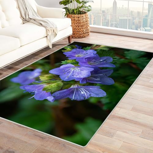 CUDAOO Bedruckter Innen-/Außenteppich Blaue Wildblumen Tepich Moderne Wohnzimmer Vintage Schlafzimmer(Violett)-90x120cm von CUDAOO