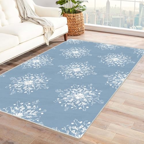CUDAOO Bedruckter Innen-/Außenteppich Blauer Hintergrund mit Schneemuster Tepich Moderne Wohnzimmer Vintage Schlafzimmer(Blau)-120x150cm von CUDAOO