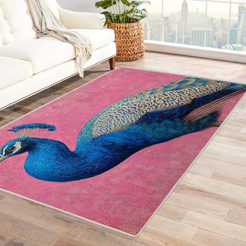 CUDAOO Bedruckter Innen-/Außenteppich Blauer Pfau Für Wohnzimmer, Sofa, Tisch, Flur, Fußmatte,Schlafzimmer(Rosa)-180x270cm von CUDAOO