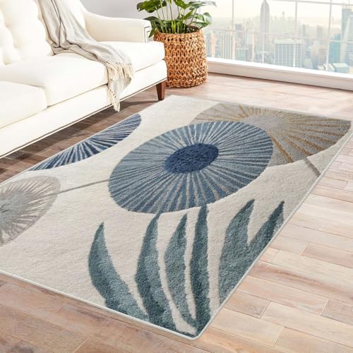 CUDAOO Bedruckter Innen-/Außenteppich Blaues Blumengemälde Für Wohnzimmer, Sofa, Tisch, Flur, Fußmatte,Schlafzimmer(Blau)-240x300cm von CUDAOO