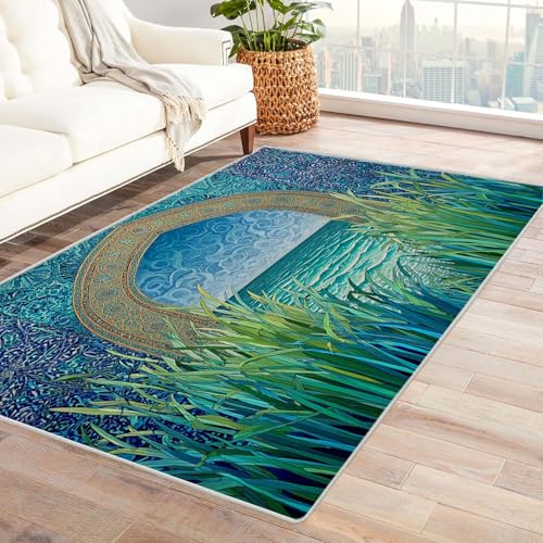 CUDAOO Bedruckter Innen-/Außenteppich Blick aufs Meer durch den Bogen Teppich Wohnzimmer Schlafzimmer(Blau)-150x210cm von CUDAOO