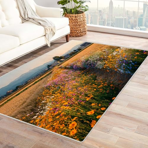 CUDAOO Bedruckter Innen-/Außenteppich Blumen Felder Straßen Tepich Moderne Wohnzimmer Vintage Schlafzimmer(Gelb)-180x270cm von CUDAOO