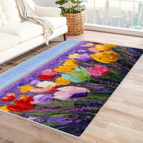 CUDAOO Bedruckter Innen-/Außenteppich Blumen Felder lila Für Wohnzimmer, Sofa, Tisch, Flur, Fußmatte,Schlafzimmer(Violett)-240x300cm von CUDAOO