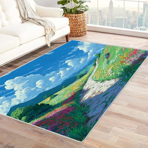 CUDAOO Bedruckter Innen-/Außenteppich Blumen Straßen Wolke Teppich Wohnzimmer Schlafzimmer(Blau)-240x300cm von CUDAOO