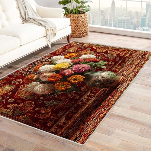 CUDAOO Bedruckter Innen-/Außenteppich Blumen Teppich Wohnzimmer Schlafzimmer(Rot)-60x90cm von CUDAOO