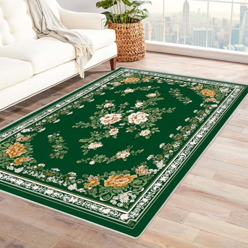 CUDAOO Bedruckter Innen-/Außenteppich Blumen auf grünem Hintergrund Tepich Moderne Wohnzimmer Vintage Schlafzimmer(Grün.)-240x300cm von CUDAOO
