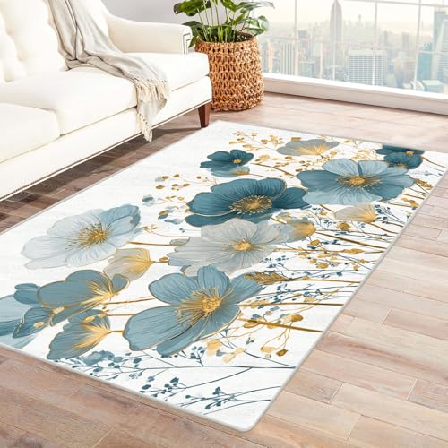 CUDAOO Bedruckter Innen-/Außenteppich Blumen aus blauem Gold Teppich Wohnzimmer Schlafzimmer(Blau)-150x180cm von CUDAOO