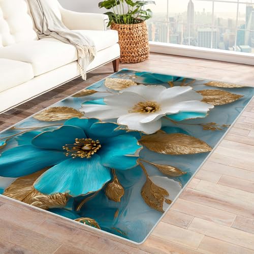 CUDAOO Bedruckter Innen-/Außenteppich Blumen aus blauem Gold Teppich Wohnzimmer Schlafzimmer(Blau)-90x120cm von CUDAOO