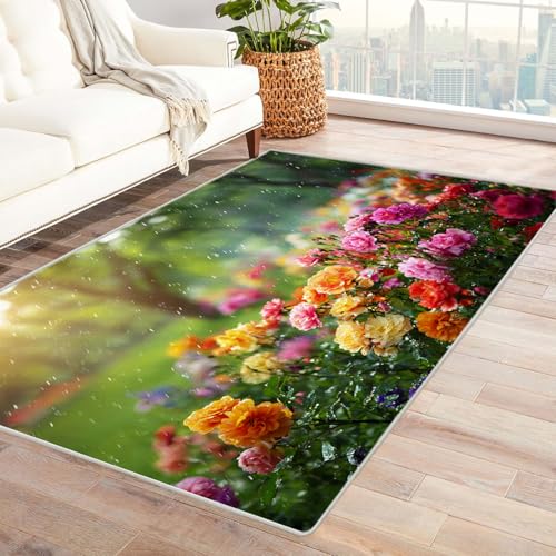 CUDAOO Bedruckter Innen-/Außenteppich Blumen im Regen Teppich Wohnzimmer Schlafzimmer(Grün)-210x300cm von CUDAOO