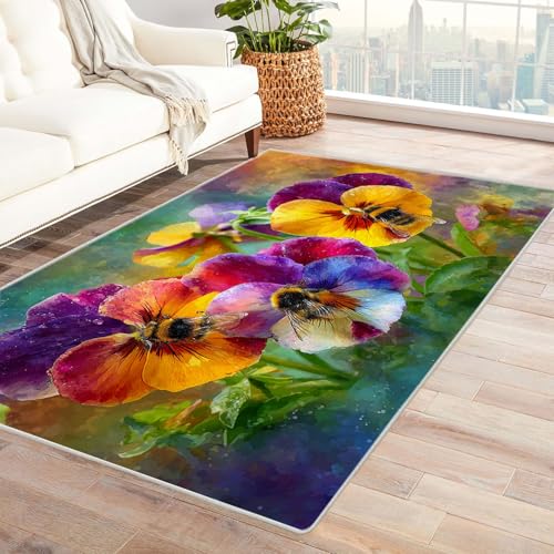 CUDAOO Bedruckter Innen-/Außenteppich Blumen und Bienen Teppich Wohnzimmer Schlafzimmer(Violett)-240x300cm von CUDAOO