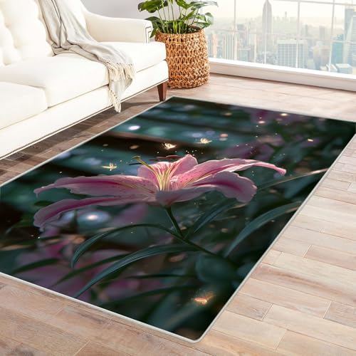 CUDAOO Bedruckter Innen-/Außenteppich Blumen und Schmetterlinge Teppich Wohnzimmer Schlafzimmer(Rosa)-150x240cm von CUDAOO