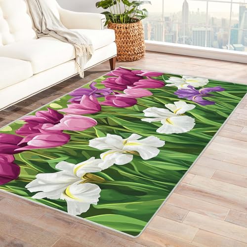 CUDAOO Bedruckter Innen-/Außenteppich Blumenfeld-Szenen Für Wohnzimmer, Sofa, Tisch, Flur, Fußmatte,Schlafzimmer(Rosa)-210x300cm von CUDAOO