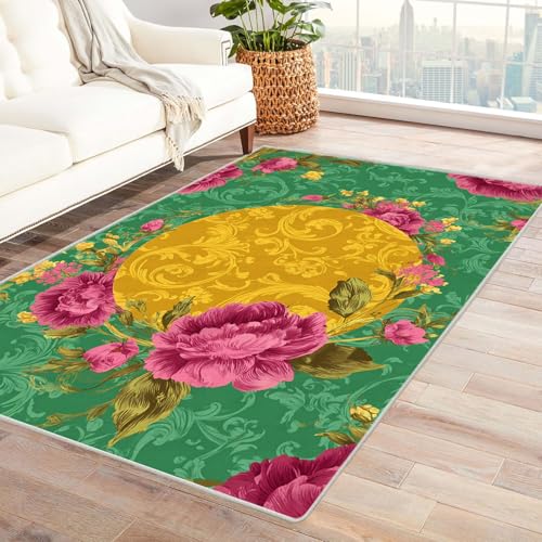 CUDAOO Bedruckter Innen-/Außenteppich Blumenrahmenmuster Tepich Moderne Wohnzimmer Vintage Schlafzimmer(Grün.)-240x300cm von CUDAOO