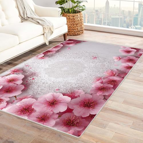 CUDAOO Bedruckter Innen-/Außenteppich Blumenschnitzereien Tepich Moderne Wohnzimmer Vintage Schlafzimmer(Rosa.)-240x300cm von CUDAOO
