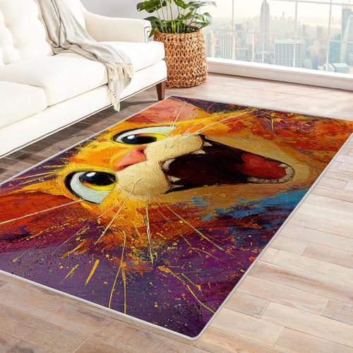 CUDAOO Bedruckter Innen-/Außenteppich Bunte Katze brüllt Für Wohnzimmer, Sofa, Tisch, Flur, Fußmatte,Schlafzimmer(Orange)-240x300cm von CUDAOO