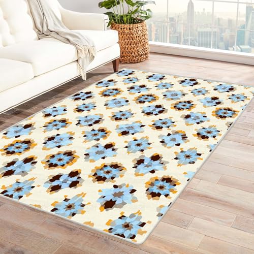 CUDAOO Bedruckter Innen-/Außenteppich Buntes Blumengitter Tepich Moderne Wohnzimmer Vintage Schlafzimmer(Blau)-150x210cm von CUDAOO