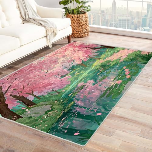 CUDAOO Bedruckter Innen-/Außenteppich Cherry See Frühling Tepich Moderne Wohnzimmer Vintage Schlafzimmer(Rosa)-240x300cm von CUDAOO