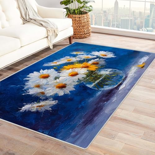 CUDAOO Bedruckter Innen-/Außenteppich Chrysanthemum Gemälde Für Wohnzimmer, Sofa, Tisch, Flur, Fußmatte,Schlafzimmer(Weiß)-210x270cm von CUDAOO