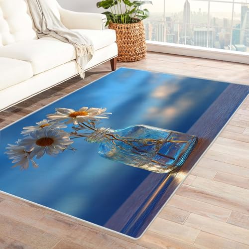 CUDAOO Bedruckter Innen-/Außenteppich Chrysanthemum in der Flasche Für Wohnzimmer, Sofa, Tisch, Flur, Fußmatte,Schlafzimmer(Weiß)-180x270cm von CUDAOO