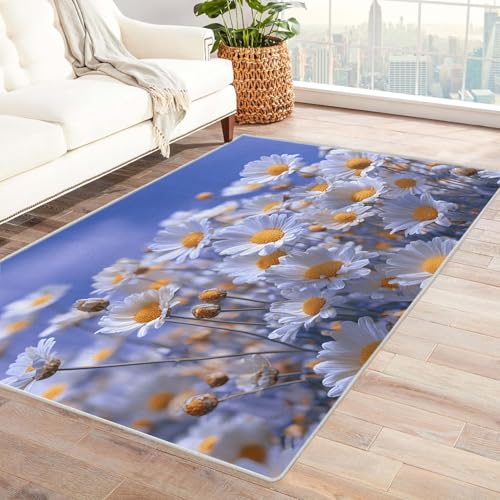 CUDAOO Bedruckter Innen-/Außenteppich Daisies Blumen Teppich Wohnzimmer Schlafzimmer(Weiß)-180x270cm von CUDAOO