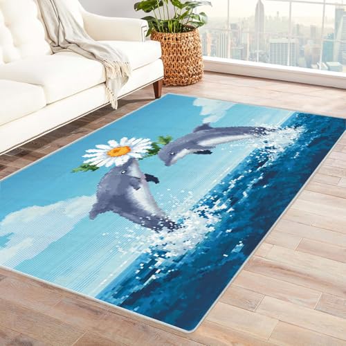 CUDAOO Bedruckter Innen-/Außenteppich Delfin spielt mit Blumen Für Wohnzimmer, Sofa, Tisch, Flur, Fußmatte,Schlafzimmer(Grau)-150x180cm von CUDAOO