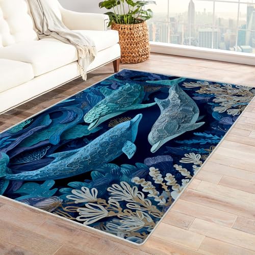 CUDAOO Bedruckter Innen-/Außenteppich Delfinskulptur Teppich Wohnzimmer Schlafzimmer(Blau.)-240x300cm von CUDAOO
