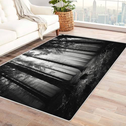 CUDAOO Bedruckter Innen-/Außenteppich Dichter Nebelwald Für Wohnzimmer, Sofa, Tisch, Flur, Fußmatte,Schlafzimmer(Schwarz und Weiß)-90x150cm von CUDAOO
