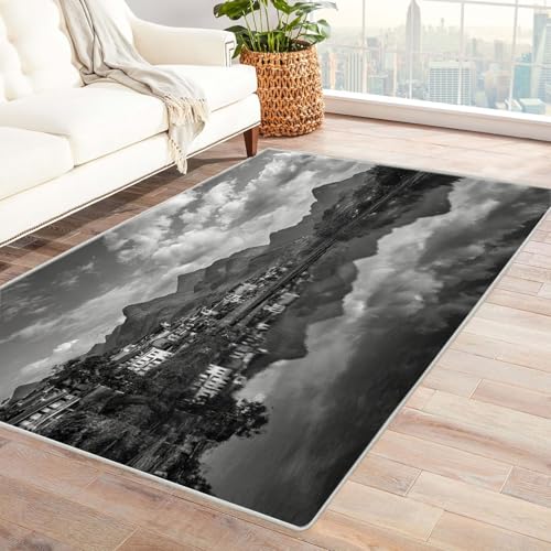 CUDAOO Bedruckter Innen-/Außenteppich Dorf im Spiegel Tepich Moderne Wohnzimmer Vintage Schlafzimmer(Schwarz und Weiß)-150x210cm von CUDAOO