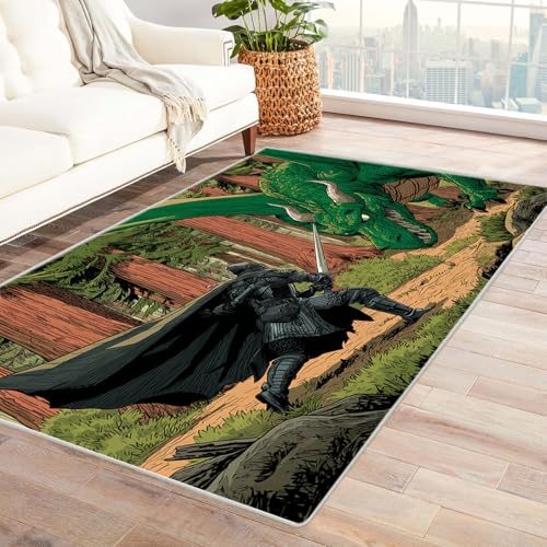 CUDAOO Bedruckter Innen-/Außenteppich Drachen und Reiter Teppich Wohnzimmer Schlafzimmer(Grün)-150x210cm von CUDAOO