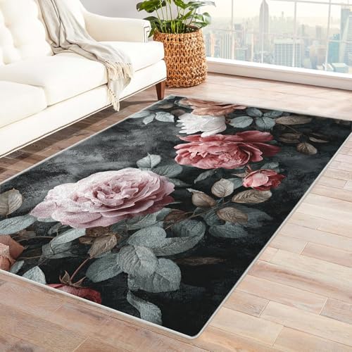 CUDAOO Bedruckter Innen-/Außenteppich Dunkle Blumen Tepich Moderne Wohnzimmer Vintage Schlafzimmer(Rosa.)-210x300cm von CUDAOO
