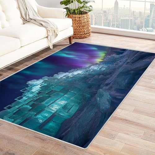 CUDAOO Bedruckter Innen-/Außenteppich EIS Schloss Licht Tepich Moderne Wohnzimmer Vintage Schlafzimmer(Blau)-60x90cm von CUDAOO