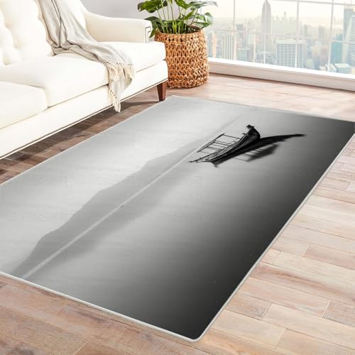 CUDAOO Bedruckter Innen-/Außenteppich Einsame Boote vor Anker Teppich Wohnzimmer Schlafzimmer(Schwarz und Weiß)-90x150cm von CUDAOO