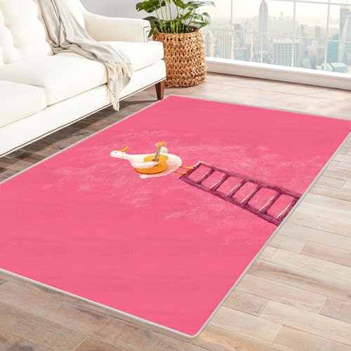 CUDAOO Bedruckter Innen-/Außenteppich Ente auf dem Leiterdach Teppich Wohnzimmer Schlafzimmer(Rosa)-240x300cm von CUDAOO