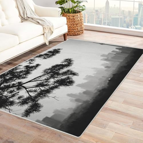 CUDAOO Bedruckter Innen-/Außenteppich Entfernte, bewaldete Stadt Für Wohnzimmer, Sofa, Tisch, Flur, Fußmatte,Schlafzimmer(Schwarz und Weiß)-120x180cm von CUDAOO