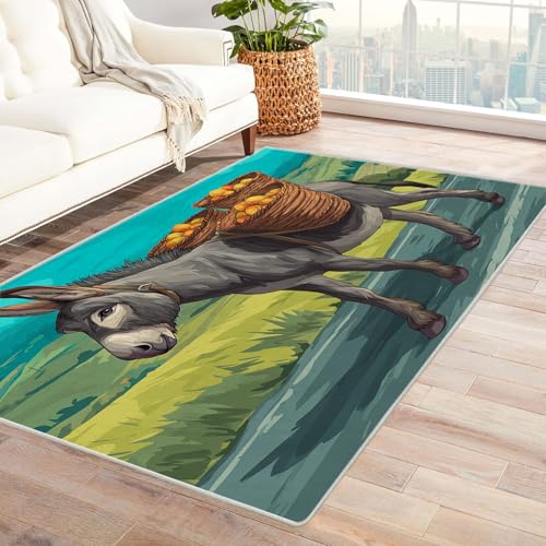 CUDAOO Bedruckter Innen-/Außenteppich Esel trägt Obst Tepich Moderne Wohnzimmer Vintage Schlafzimmer(Grau)-90x150cm von CUDAOO