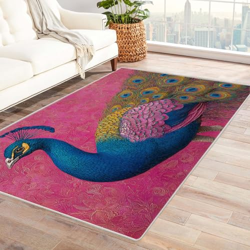 CUDAOO Bedruckter Innen-/Außenteppich Farbiger Pfau Tepich Moderne Wohnzimmer Vintage Schlafzimmer(Rosa)-240x300cm von CUDAOO